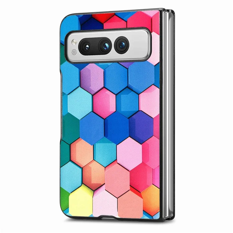Para Google Pixel Fold PU Leather + Hard PC Shell Ultra Thin Pattern Printing Phone Case Cover - Colorful Honeycomb