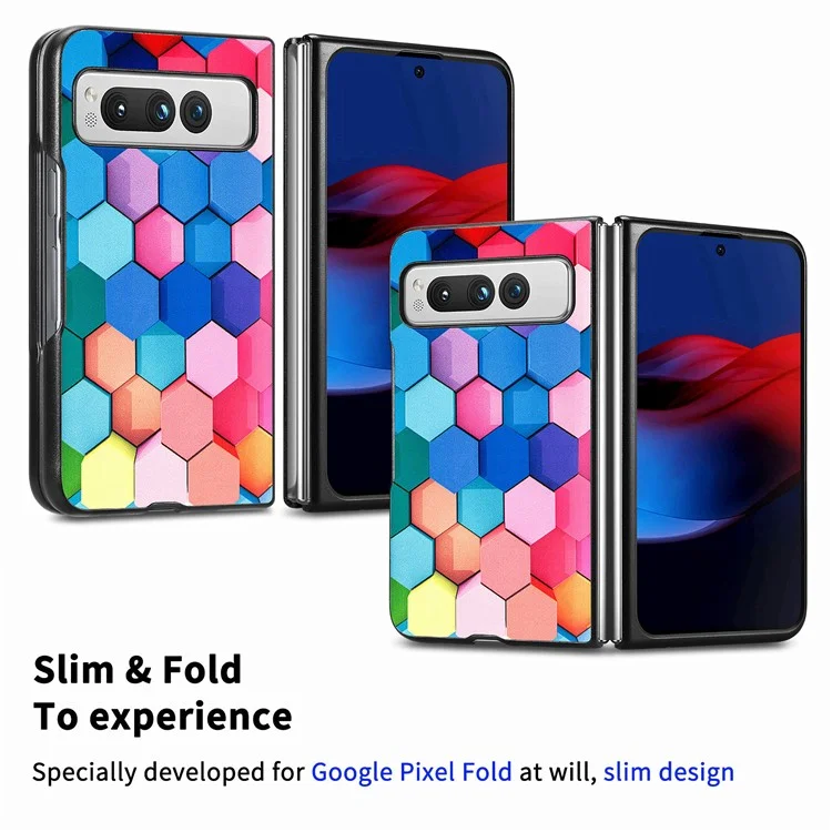 Para Google Pixel Fold PU Leather + Hard PC Shell Ultra Thin Pattern Printing Phone Case Cover - Colorful Honeycomb
