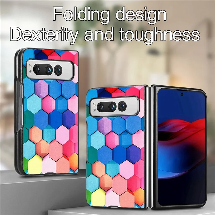 Para Google Pixel Fold PU Leather + Hard PC Shell Ultra Thin Pattern Printing Phone Case Cover - Colorful Honeycomb