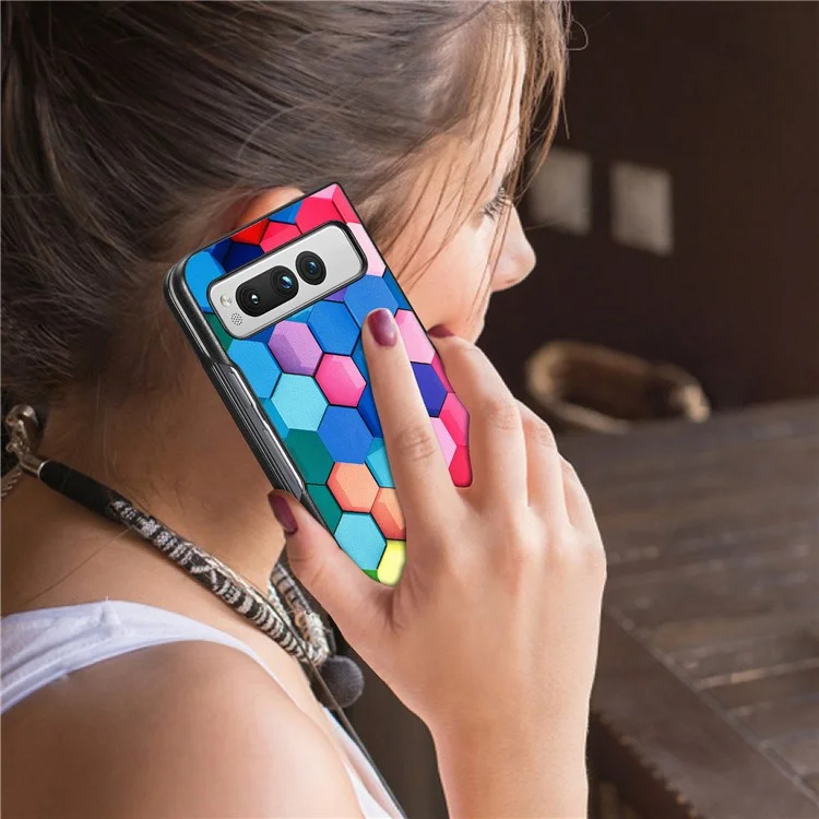 Para Google Pixel Fold PU Leather + Hard PC Shell Ultra Thin Pattern Printing Phone Case Cover - Colorful Honeycomb