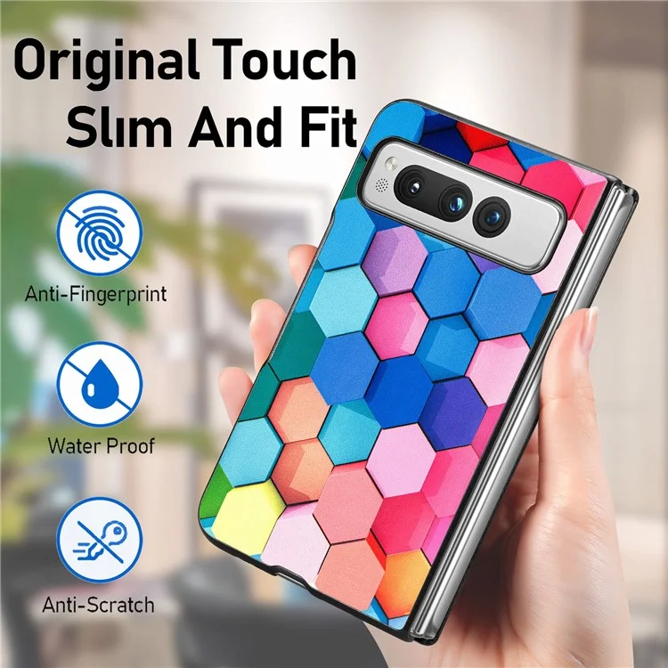 Para Google Pixel Fold PU Leather + Hard PC Shell Ultra Thin Pattern Printing Phone Case Cover - Colorful Honeycomb