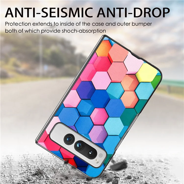 Para Google Pixel Fold PU Leather + Hard PC Shell Ultra Thin Pattern Printing Phone Case Cover - Colorful Honeycomb
