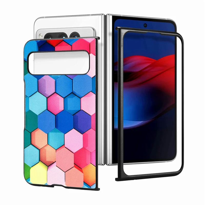 Para Google Pixel Fold PU Leather + Hard PC Shell Ultra Thin Pattern Printing Phone Case Cover - Colorful Honeycomb
