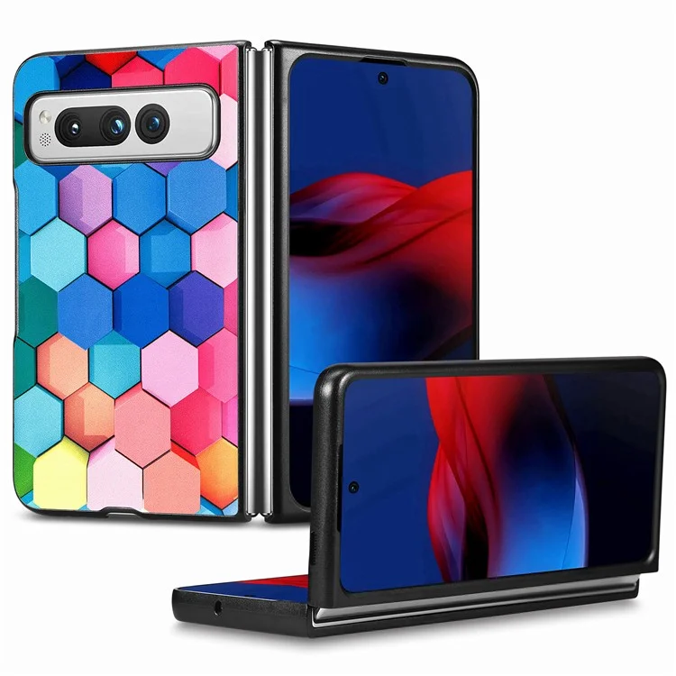 Para Google Pixel Fold PU Leather + Hard PC Shell Ultra Thin Pattern Printing Phone Case Cover - Colorful Honeycomb
