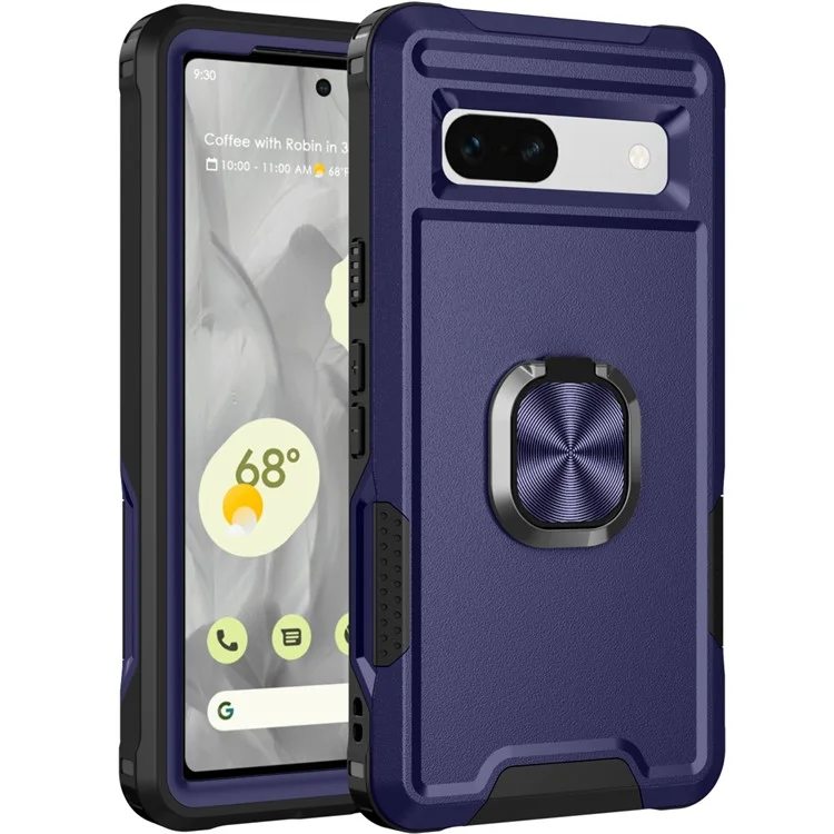 For Google Pixel 7a Hybrid Hard PC Soft TPU Phone Case Ring Car Mount Kickstand Shockproof Cover - Navy Blue