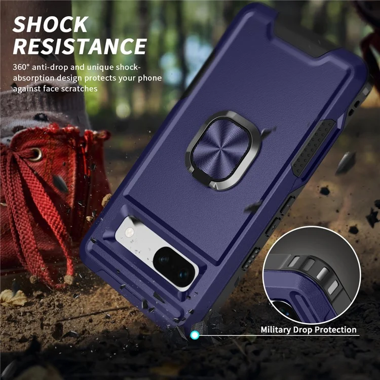 For Google Pixel 7a Hybrid Hard PC Soft TPU Phone Case Ring Car Mount Kickstand Shockproof Cover - Navy Blue