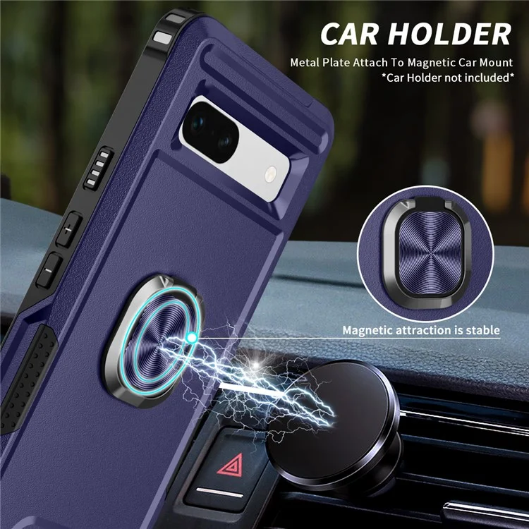 For Google Pixel 7a Hybrid Hard PC Soft TPU Phone Case Ring Car Mount Kickstand Shockproof Cover - Navy Blue