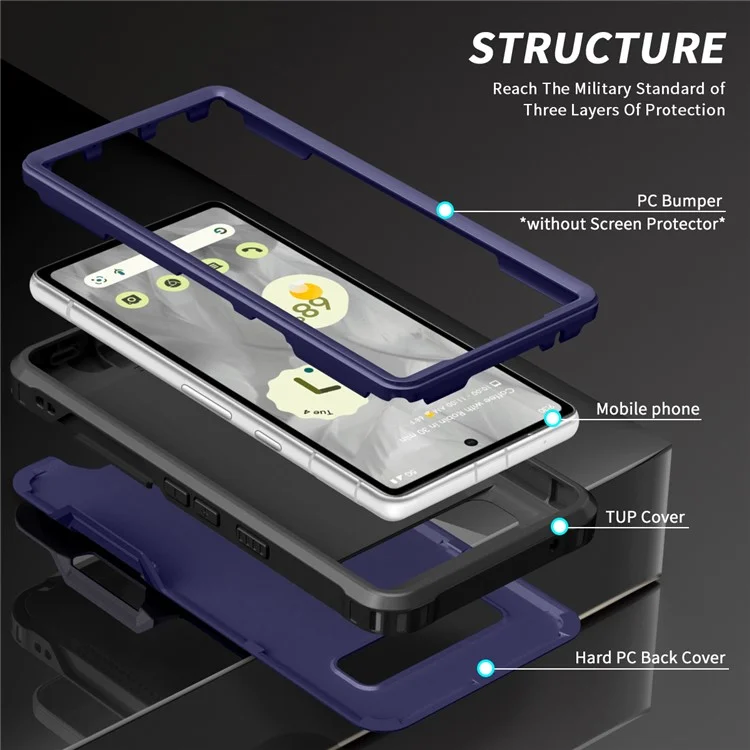 For Google Pixel 7a Hybrid Hard PC Soft TPU Phone Case Ring Car Mount Kickstand Shockproof Cover - Navy Blue