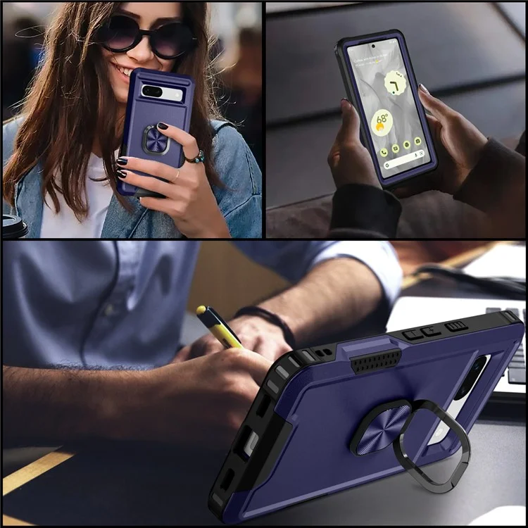 For Google Pixel 7a Hybrid Hard PC Soft TPU Phone Case Ring Car Mount Kickstand Shockproof Cover - Navy Blue