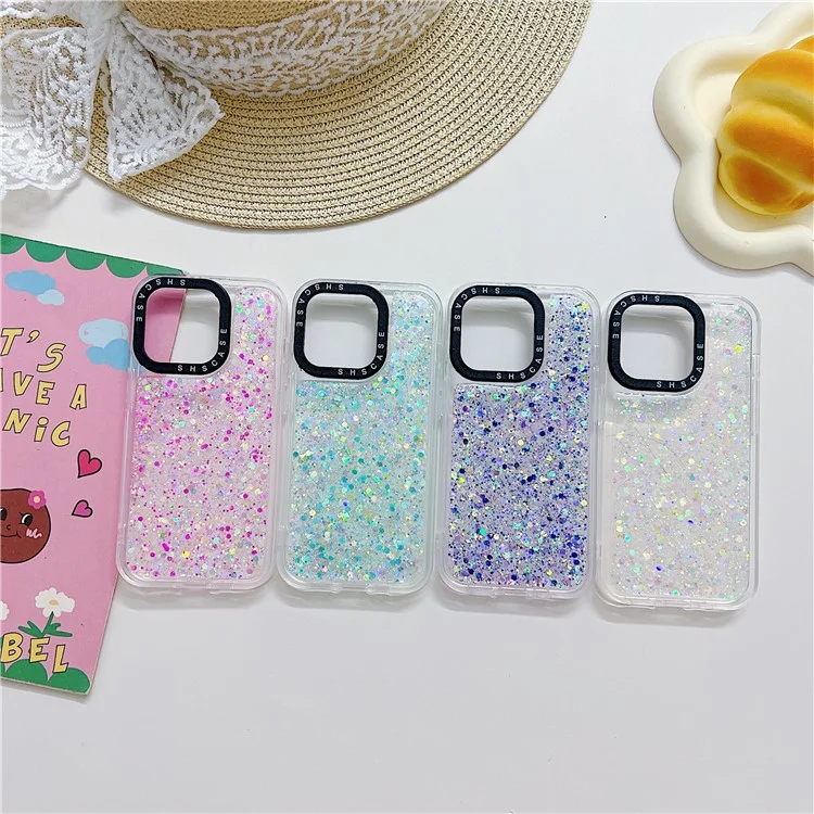 PC+TPU Case per iPhone 14 Pro Max Protezione Fotocamera Cornice Epoxy Glitter Scintillante Luminoso Custodia - Blu
