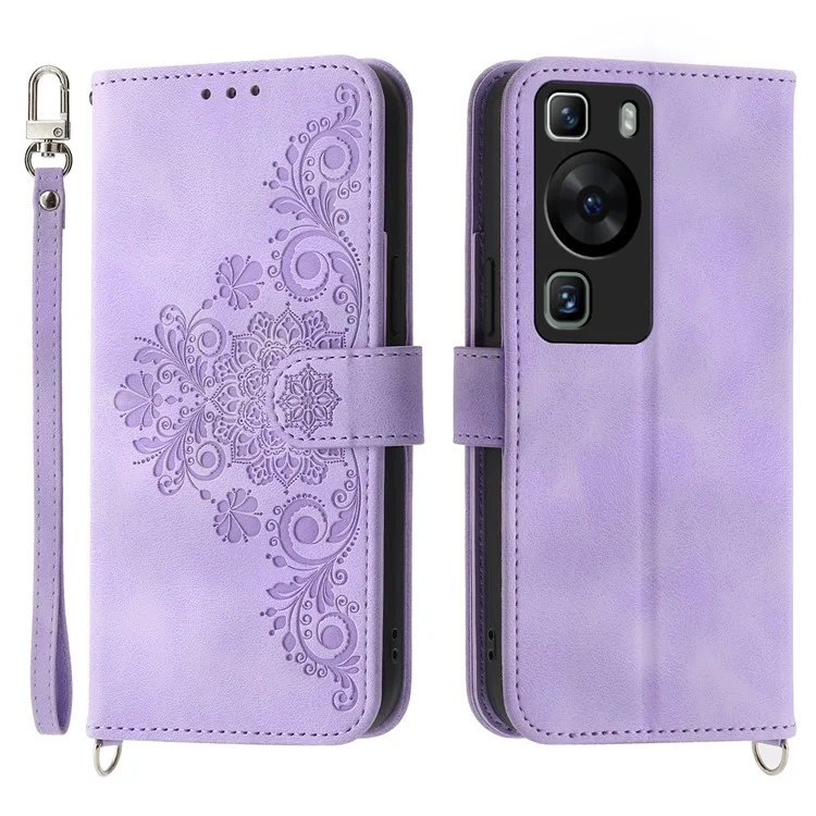 Wallet Phone Case für Huawei P60 / P60 Pro Stoßfestes Case Skin-Touch Bedrucktes Blumen-Lederklappcover mit Gurt - Hellviolett