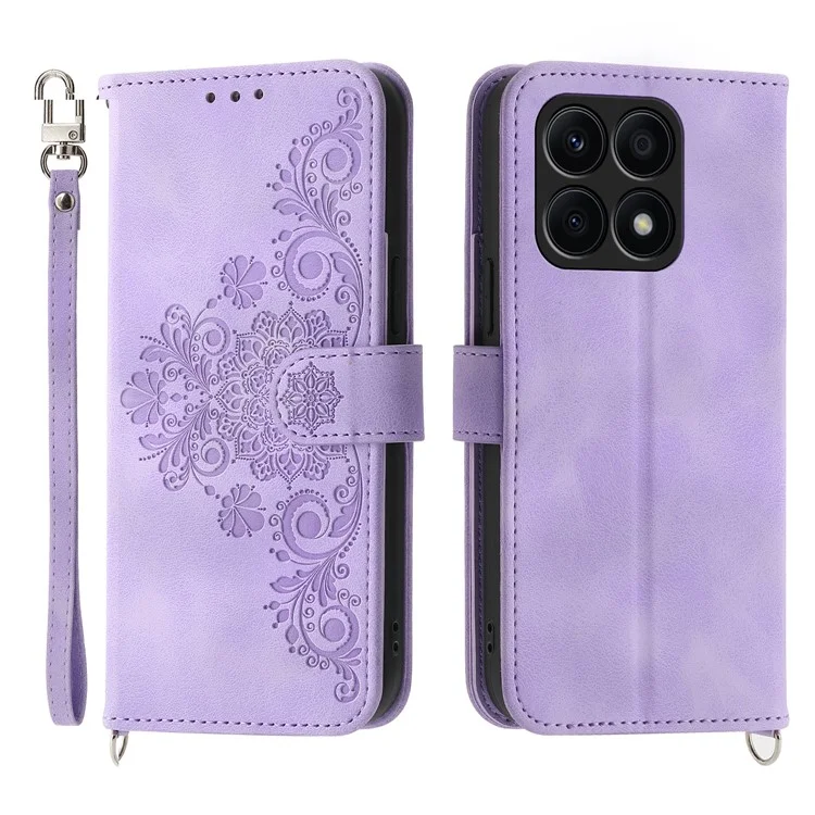 Funda de piel resistente a los golpes para Honor X8a 4G Funda de teléfono tipo cartera con estampado de flores Funda de teléfono con tacto-piel con correa - Morado claro