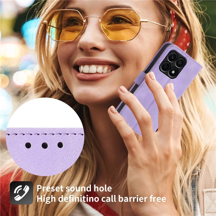 Funda de piel resistente a los golpes para Honor X8a 4G Funda de teléfono tipo cartera con estampado de flores Funda de teléfono con tacto-piel con correa - Morado claro