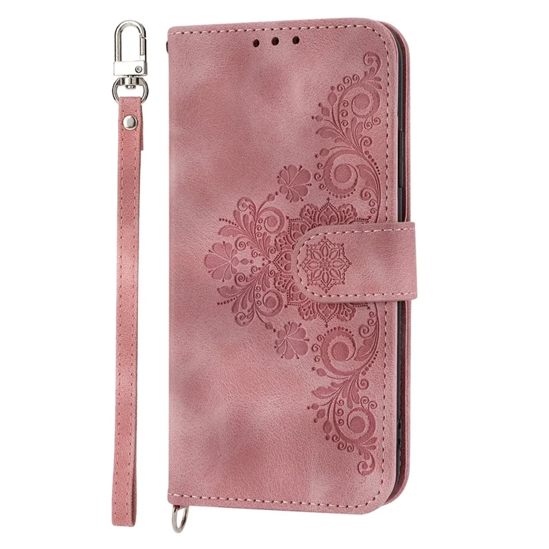 Shockproof Leather Cover for Honor X8a 4G Wallet Phone Case Imprinted Flower Skin-Touch Phone Shell with Strap - Pink
