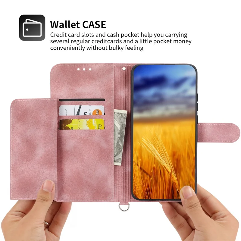 Shockproof Leather Cover for Honor X8a 4G Wallet Phone Case Imprinted Flower Skin-Touch Phone Shell with Strap - Pink