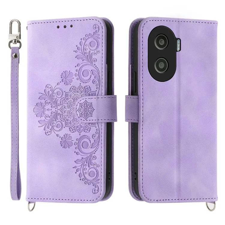 Custodia in pelle PU Anti-Drop per Honor X40i 5G con motivo floreale stampato, Skin-Touch Wallet Phone Cover con cinturino - Viola chiaro