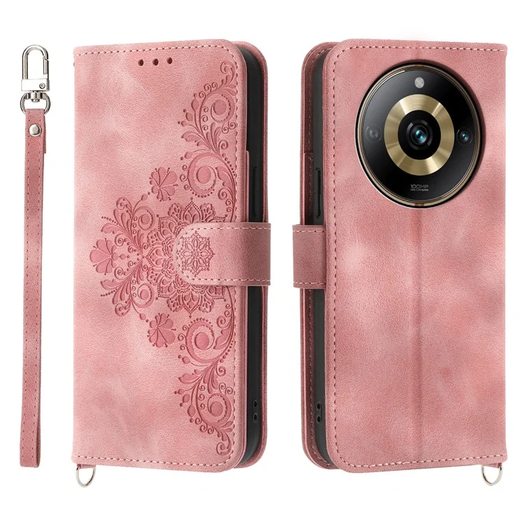 Protective Case for Realme 11 Pro 5G Imprinted Flower PU Leather Cover Skin-Touch Wallet Phone Shell with Strap - Pink