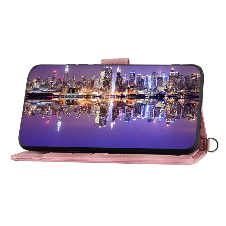 Protective Case for Realme 11 Pro 5G Imprinted Flower PU Leather Cover Skin-Touch Wallet Phone Shell with Strap - Pink