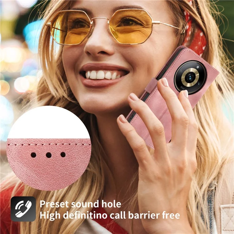 Protective Case for Realme 11 Pro 5G Imprinted Flower PU Leather Cover Skin-Touch Wallet Phone Shell with Strap - Pink