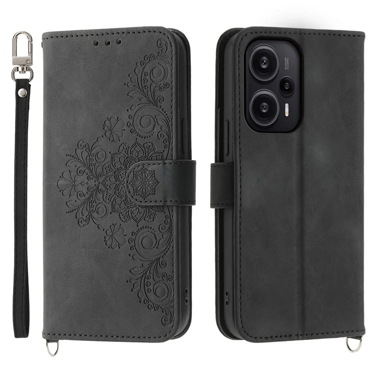 Para Xiaomi Redmi Note 12 Turbo / Poco F5 5G Funda de teléfono con tacto de piel Flower Imprinted Leather Flip Cover con cartera, correa - Negro