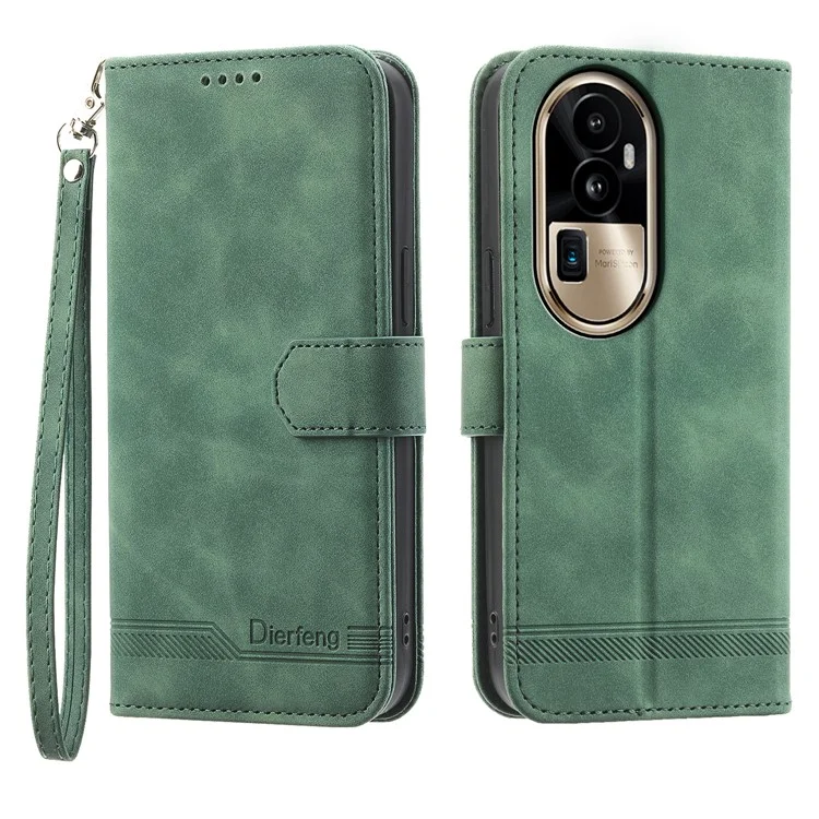 Funda de teléfono DIERFENG DF-03 para Oppo Reno10 Pro+ 5G, con diseño de líneas y funda de cartera de piel sintética con soporte plegable - Verde