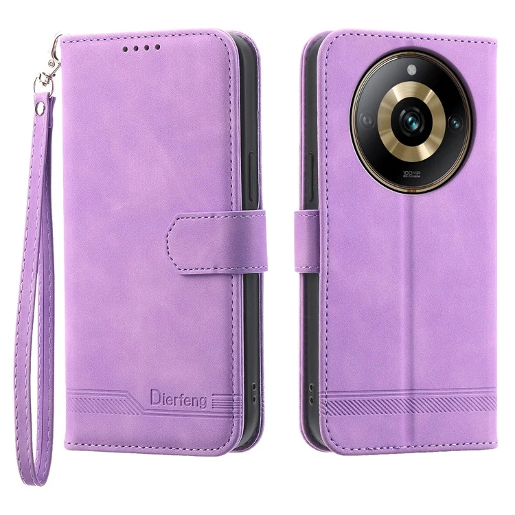 DIERFENG DF-03 para Realme 11 Pro 5G Linhas Imprint Shockproof Phone Case Carteira de Couro Stand Cover - Roxo