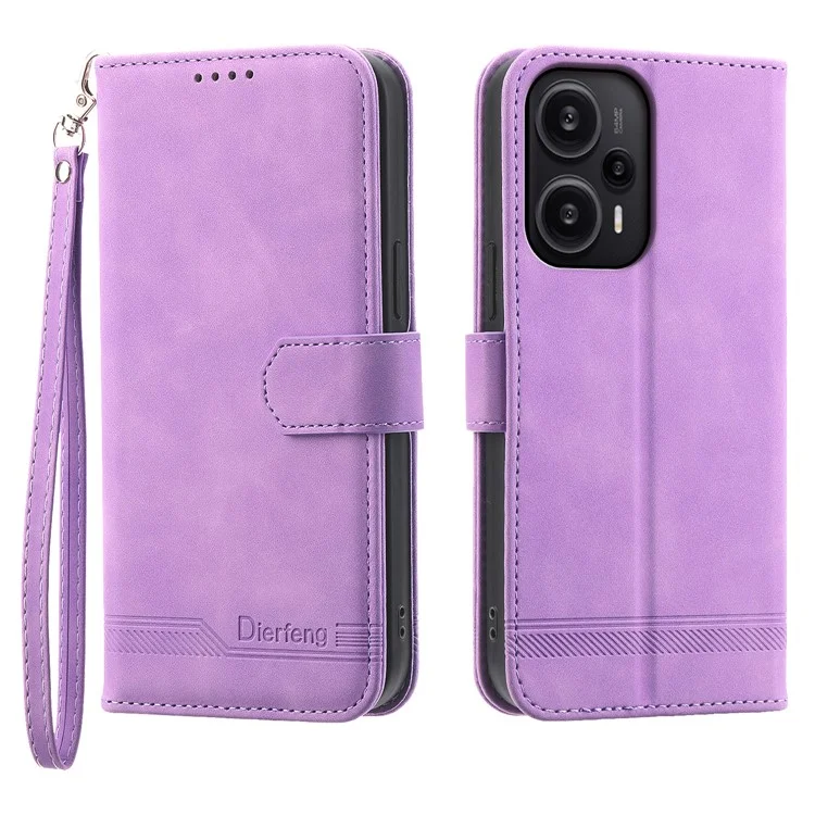 DIERFENG DF-03 per Xiaomi Redmi Note 12 Turbo / Poco F5 5G Custodia in pelle Wallet Mobile Case Lines Imprinted Stand Cover - Viola