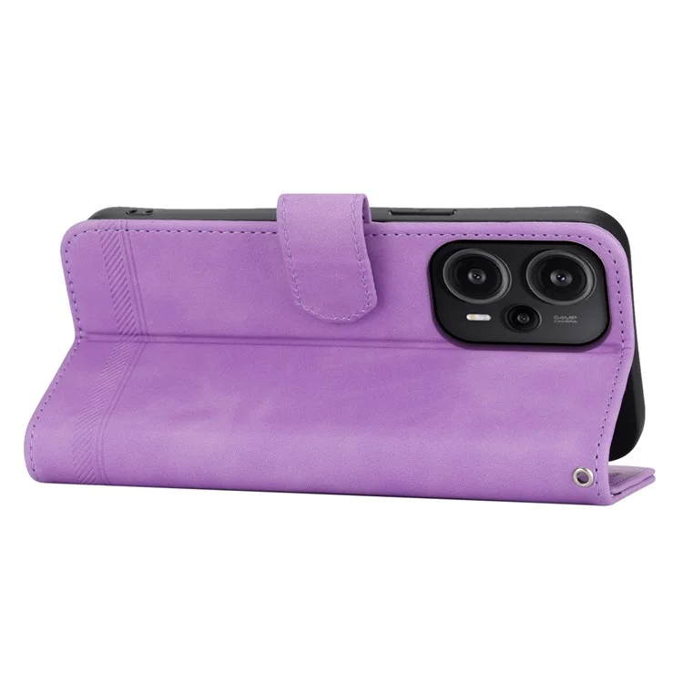 DIERFENG DF-03 per Xiaomi Redmi Note 12 Turbo / Poco F5 5G Custodia in pelle Wallet Mobile Case Lines Imprinted Stand Cover - Viola