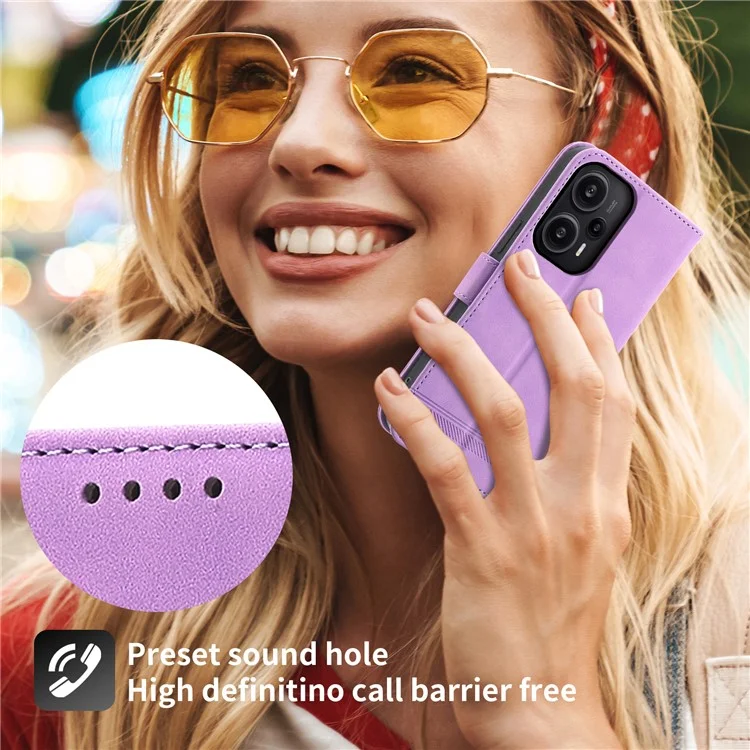 DIERFENG DF-03 per Xiaomi Redmi Note 12 Turbo / Poco F5 5G Custodia in pelle Wallet Mobile Case Lines Imprinted Stand Cover - Viola