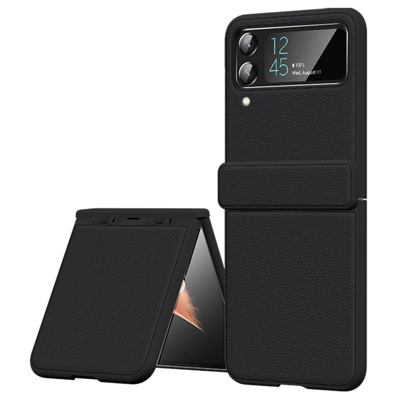 Pour Samsung Galaxy Z Flip4 5G Cowhide Leather+PC Phone Case Litchi Texture Shockproof Cover - Noir