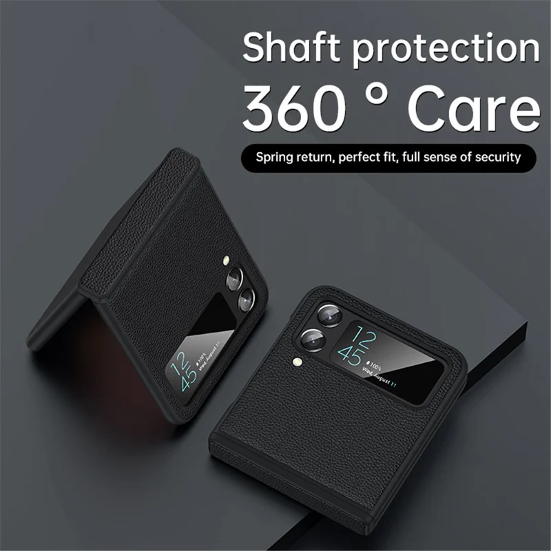 Pour Samsung Galaxy Z Flip4 5G Cowhide Leather+PC Phone Case Litchi Texture Shockproof Cover - Noir