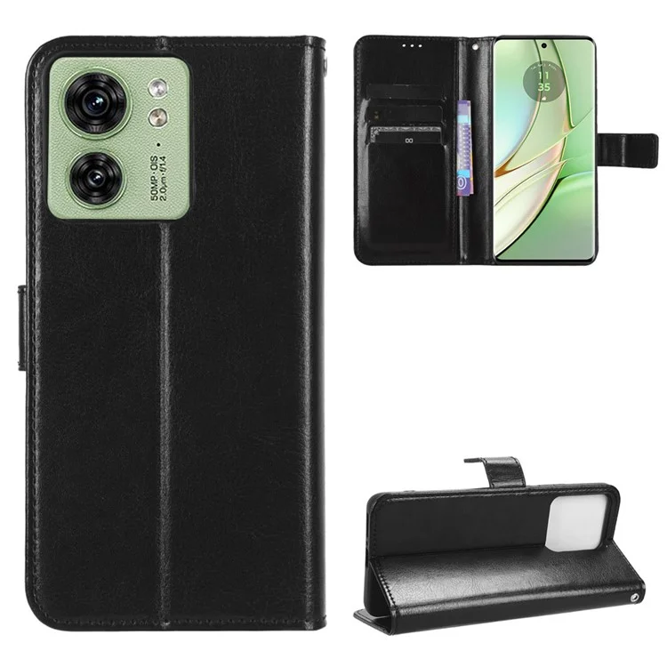 Для Motorola Edge 40 5G Crazy Horse Texture TPU + PU Leather Case Wallet Phone Stand Cover with Strap - Black