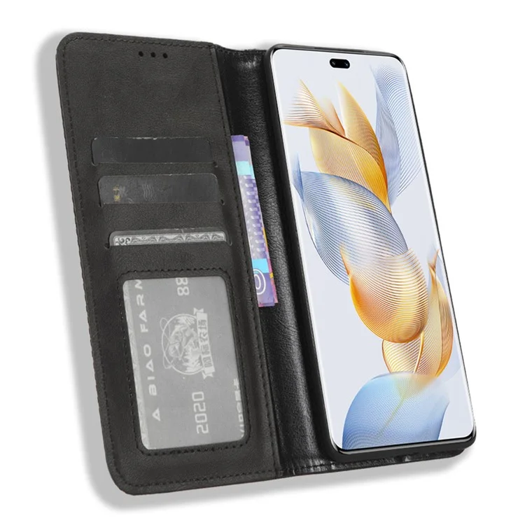 For Honor 90 Pro Wallet Anti-fall Retro Stand Mobile Phone Cover PU Leather Magnetic Case - Schwarz