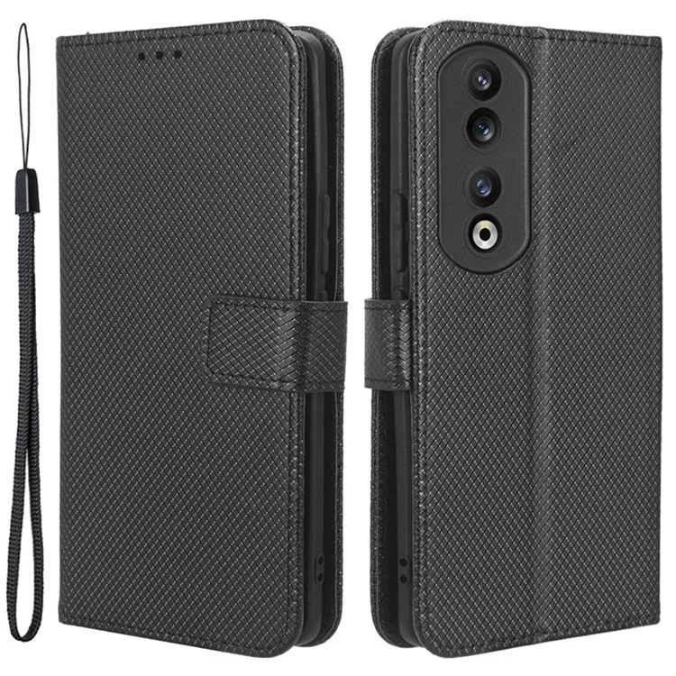 Funda para teléfono con soporte y cartera For Honor 90 Pro, textura de diamante, anti-polvo, piel sintética PU, color negro