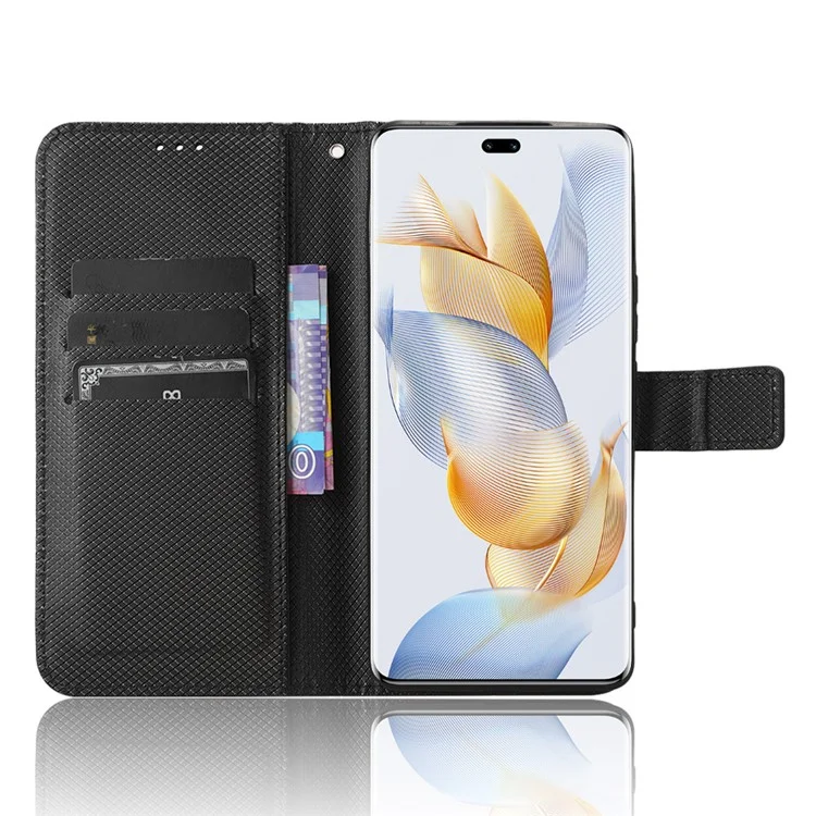 Funda para teléfono con soporte y cartera For Honor 90 Pro, textura de diamante, anti-polvo, piel sintética PU, color negro