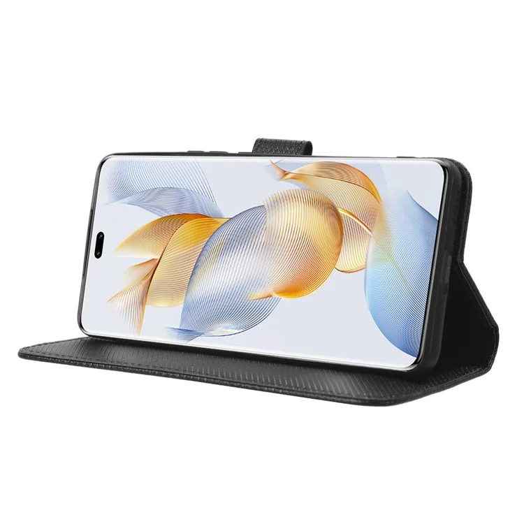 Funda para teléfono con soporte y cartera For Honor 90 Pro, textura de diamante, anti-polvo, piel sintética PU, color negro