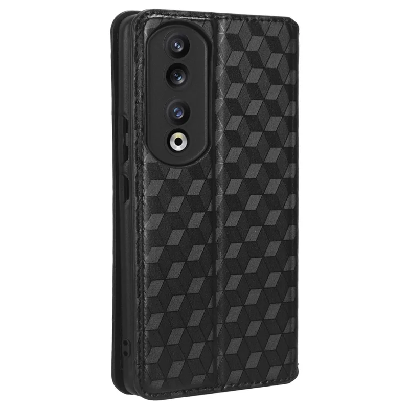 For Honor 90 Phone Case Shockproof Imprinted Rhombus PU Leather Stand Phone Cover - Black