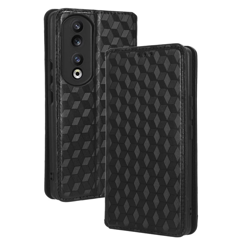 For Honor 90 Phone Case Shockproof Imprinted Rhombus PU Leather Stand Phone Cover - Black
