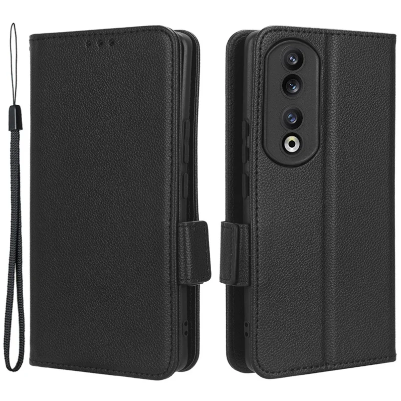 Lederhandytasche für Honor 90, Geldbörse mit Ständer, Litchi-Textur, Folio-Klapphandy-Cover - Schwarz