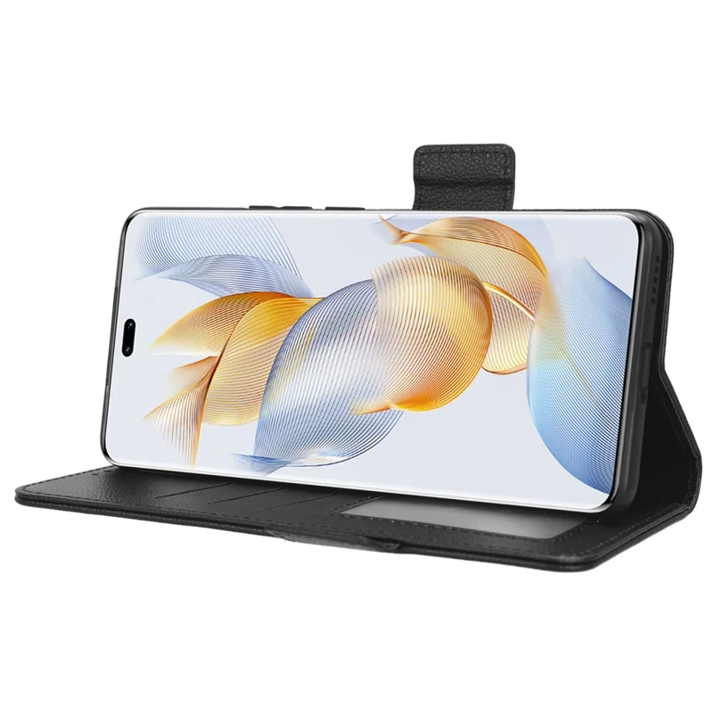 Lederhandytasche für Honor 90, Geldbörse mit Ständer, Litchi-Textur, Folio-Klapphandy-Cover - Schwarz