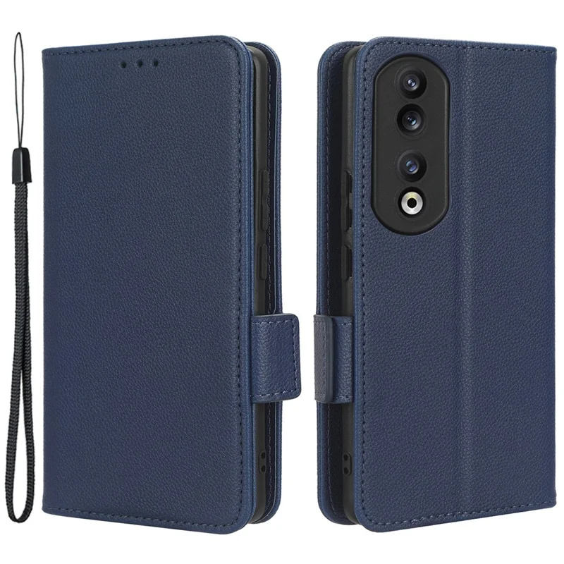 Læderet telefonbeskytning til Honor 90, wallet stand med litchi-struktur, folio flip beskytning - mørkeblå