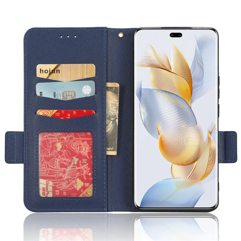 Læderet telefonbeskytning til Honor 90, wallet stand med litchi-struktur, folio flip beskytning - mørkeblå