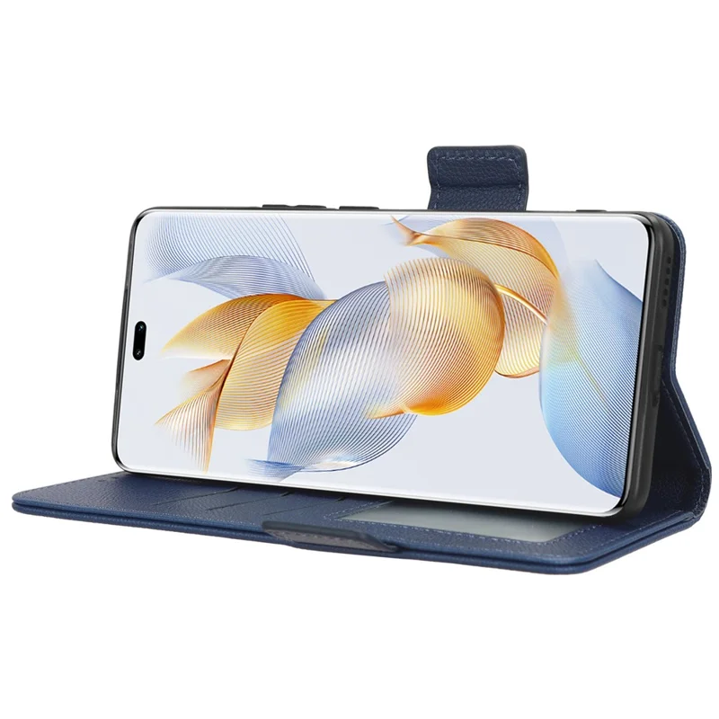 Læderet telefonbeskytning til Honor 90, wallet stand med litchi-struktur, folio flip beskytning - mørkeblå