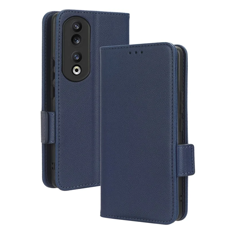 Læderet telefonbeskytning til Honor 90, wallet stand med litchi-struktur, folio flip beskytning - mørkeblå