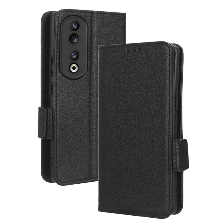 Phone Case for Honor 90 Pro , Litchi Texture Wallet Stand Folio Flip Leather Cell Phone Cover - Black