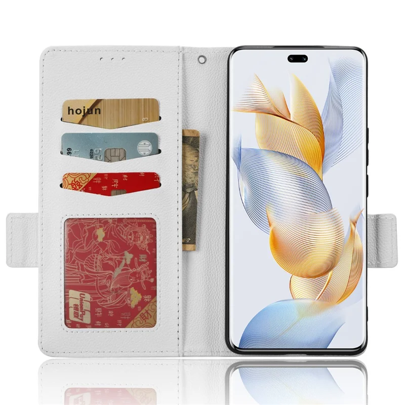 Phone Case for Honor 90 Pro , Litchi Texture Wallet Stand Folio Flip Leather Cell Phone Cover - White