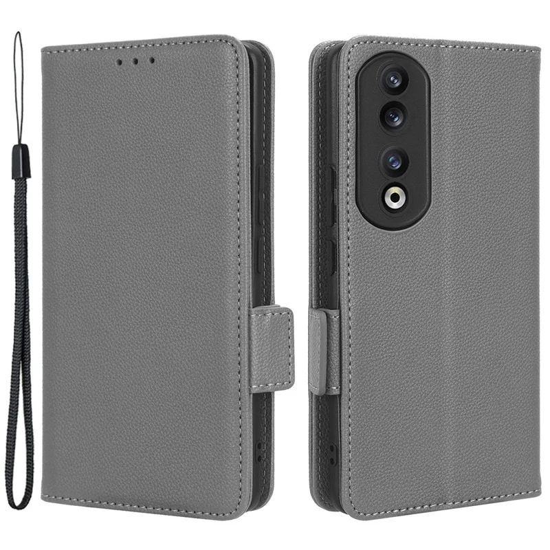 Phone Case for Honor 90 Pro , Litchi Texture Wallet Stand Folio Flip Leather Cell Phone Cover - Grey