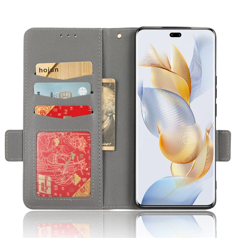 Phone Case for Honor 90 Pro , Litchi Texture Wallet Stand Folio Flip Leather Cell Phone Cover - Grey