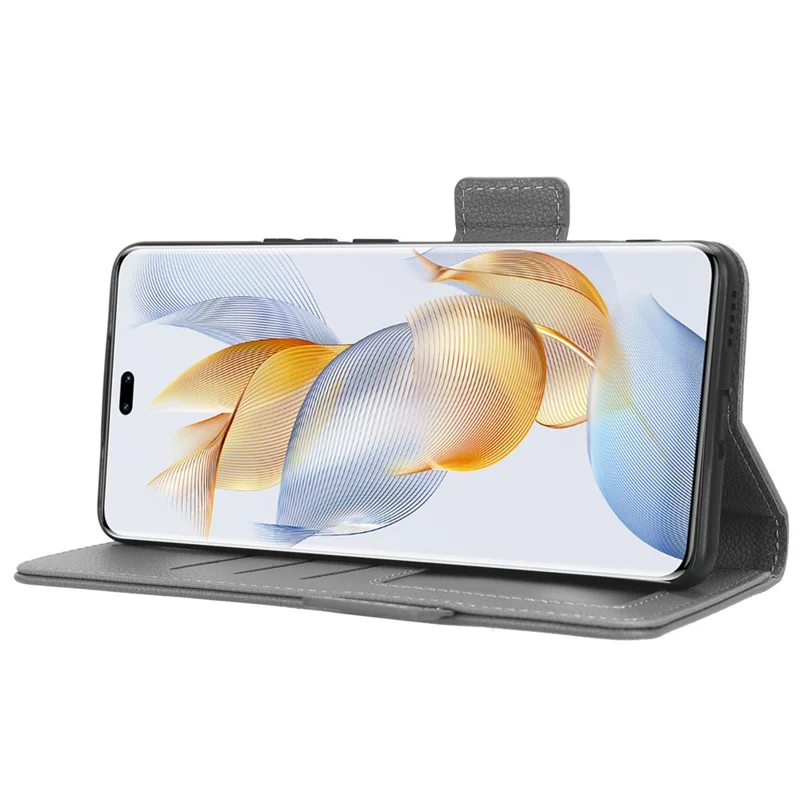 Phone Case for Honor 90 Pro , Litchi Texture Wallet Stand Folio Flip Leather Cell Phone Cover - Grey