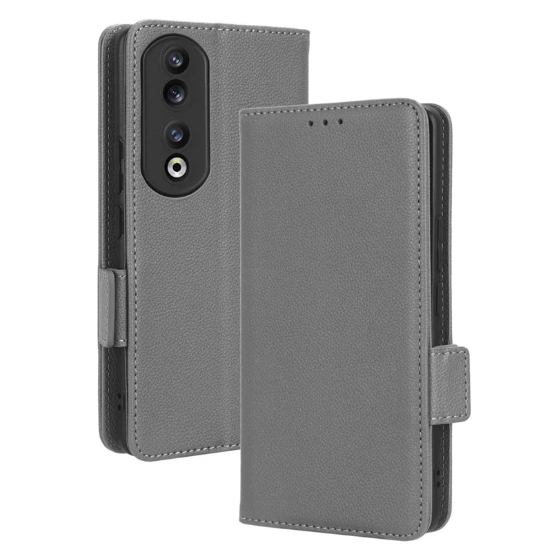 Phone Case for Honor 90 Pro , Litchi Texture Wallet Stand Folio Flip Leather Cell Phone Cover - Grey